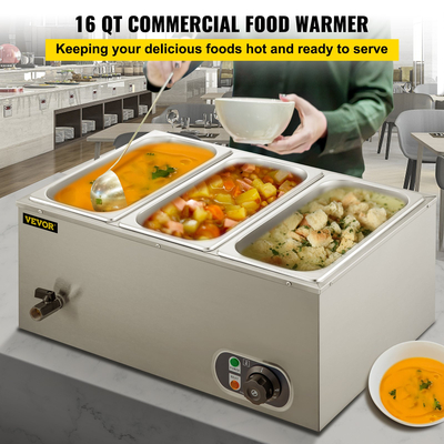 VEVOR Commercial Food Warner 3-Tan 850W Electric Countertop Steam Τραπέζι 15cm/6inch Βαθύς από ανοξείδωτο ατσάλι Bain Marie Θερμαντήρας φαγητού μεγάλης χωρητικότητας 7 Quart/Tan για κέτερινγκ και εστιατόρια