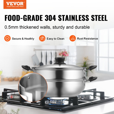 VEVOR Steamer Pot, 11in/28cm Steamer Pot for cooking with 3QT Stock Pot and Vegetable Steamer, Food-Grade 304 Steamer Food Cookware με καπάκι για ηλεκτρική επαγωγική εστία αερίου