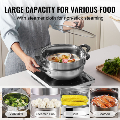 VEVOR Steamer Pot, 11in/28cm Steamer Pot for cooking with 3QT Stock Pot and Vegetable Steamer, Food-Grade 304 Steamer Food Cookware με καπάκι για ηλεκτρική επαγωγική εστία αερίου