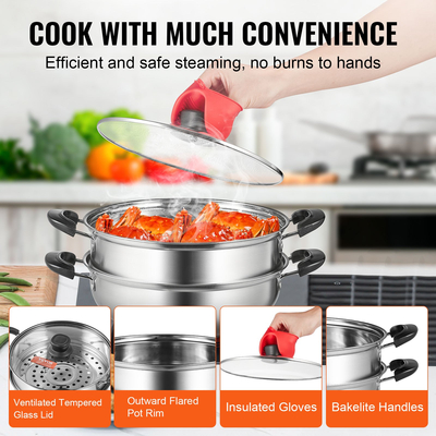 VEVOR Steamer Pot, 11in/28cm Steamer Pot for cooking with 3QT Stock Pot and Vegetable Steamer, Food-Grade 304 Steamer Food Cookware με καπάκι για ηλεκτρική επαγωγική εστία αερίου