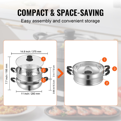 VEVOR Steamer Pot, 11in/28cm Steamer Pot for cooking with 3QT Stock Pot and Vegetable Steamer, Food-Grade 304 Steamer Food Cookware με καπάκι για ηλεκτρική επαγωγική εστία αερίου