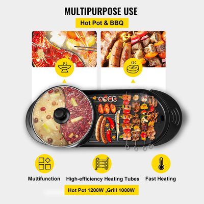 VEVOR 2 σε 1 BBQ Grill and Hot Pot with Divider Multifunction Teppanyaki Grill Pot, Ξεχωριστό Διπλό Ελέγχου Θερμοκρασίας Ηλεκτρική εστία μπάρμπεκιου Hot Pot, 5 ταχύτητες για εσωτερικό κορεάτικο μπάρμπεκιου, Shabu Shabu Black