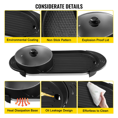 VEVOR 2 σε 1 BBQ Grill and Hot Pot with Divider Multifunction Teppanyaki Grill Pot, Ξεχωριστό Διπλό Ελέγχου Θερμοκρασίας Ηλεκτρική εστία μπάρμπεκιου Hot Pot, 5 ταχύτητες για εσωτερικό κορεάτικο μπάρμπεκιου, Shabu Shabu Black