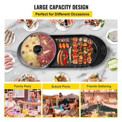 VEVOR 2 σε 1 BBQ Grill and Hot Pot with Divider Multifunction Teppanyaki Grill Pot, Ξεχωριστό Διπλό Ελέγχου Θερμοκρασίας Ηλεκτρική εστία μπάρμπεκιου Hot Pot, 5 ταχύτητες για εσωτερικό κορεάτικο μπάρμπεκιου, Shabu Shabu Black