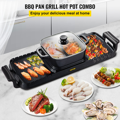 VEVOR 2 σε 1 Ηλεκτρική ψησταριά και Hot Pot, 2400W BBQ Grill and Hot Pot, Πολυλειτουργικό Teppanyaki Grill Pot με Διπλό Έλεγχο Θερμοκρασίας, Σχάρα Hot Pot Χωρίς Καπνιστή με Αντικολλητική Επικάλυψη για 1-8 άτομα