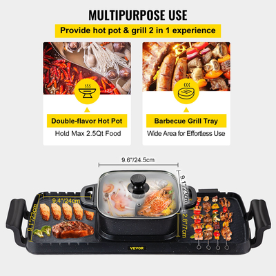 VEVOR 2 σε 1 Ηλεκτρική ψησταριά και Hot Pot, 2400W BBQ Grill and Hot Pot, Πολυλειτουργικό Teppanyaki Grill Pot με Διπλό Έλεγχο Θερμοκρασίας, Σχάρα Hot Pot Χωρίς Καπνιστή με Αντικολλητική Επικάλυψη για 1-8 άτομα