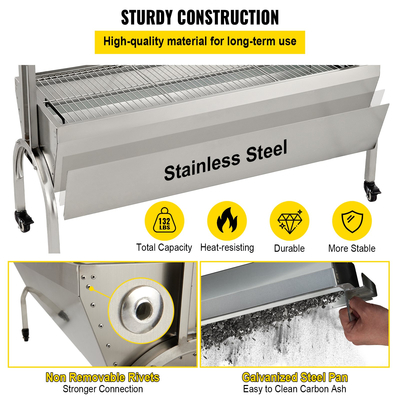 Ψητοπωλείο VEVOR, χωρητικότητα 132 λίβρες, Ψητήρας σούβλας για χοιρινό αρνί από ανοξείδωτο ατσάλι, κουτί ψησίματος με μοτέρ 40W &amp; ρυθμιζόμενο ύψος &amp; ρόδες που κλειδώνουν για υπαίθρια ψησταριά Camping Party Campfire
