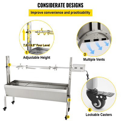 Ψητοπωλείο VEVOR, χωρητικότητα 132 λίβρες, Ψητήρας σούβλας για χοιρινό αρνί από ανοξείδωτο ατσάλι, κουτί ψησίματος με μοτέρ 40W &amp; ρυθμιζόμενο ύψος &amp; ρόδες που κλειδώνουν για υπαίθρια ψησταριά Camping Party Campfire