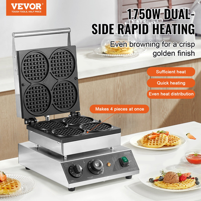 VEVOR 4PCS Commercial Waffle Maker Στρογγυλό μηχάνημα σίδερου βάφλας 1750W Αντικολλητικό