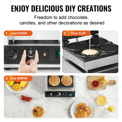 VEVOR 4PCS Commercial Waffle Maker Στρογγυλό μηχάνημα σίδερου βάφλας 1750W Αντικολλητικό
