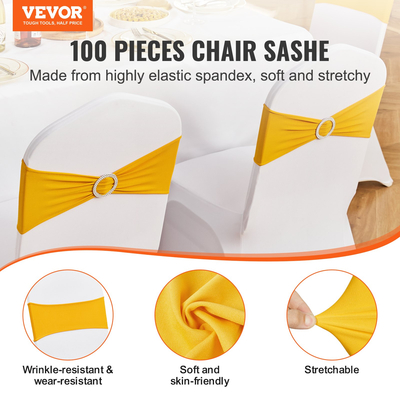 VEVOR 100 PCS Golden Yellow, Stretch Spandex Chair Sashes, Chair Slipcover and Stretch Chair Sash with Στρογγυλή πόρπη, Ελαστικές ταινίες καρέκλας, Εφαρμογή γάμου, Γιορτές, Δείπνο, Διακόσμηση καρέκλας πάρτι
