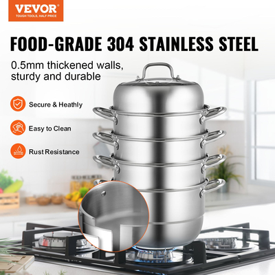 VEVOR Food Steamers Ανοξείδωτο ατσάλι 5 Τίτλων από ανοξείδωτο ατσάλι για μαγείρεμα 28cm/11inch Σετ κατσαρόλας βραστήρα φαγητού Κατάλληλο για ηλεκτρική ψησταριά γκαζιού Επιφάνεια κουζίνας κεραμική επαγωγή αλογόνου
