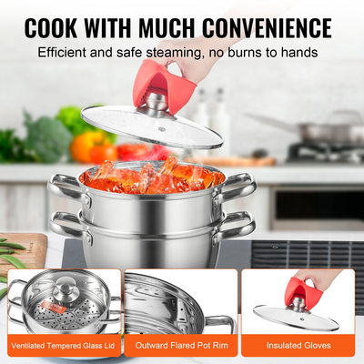 VEVOR Steamer Pot, 8,66in/22cm Steamer Bot for Cook with 3QT Stock Pot and Vegetable Steamer, Μεγάλης Χωρητικότητας Ανοξείδωτο Ατσάλι Μαγειρικά σκεύη με καπάκι για ηλεκτρική επαγωγική εστία αερίου