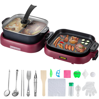 VEVOR 2 σε 1 Ηλεκτρική ψησταριά και Hot Pot, Πτυσσόμενη ψησταριά BBQ και Hot Pot, Πολυλειτουργική ψησταριά Teppanyaki 2100W με διπλό έλεγχο θερμοκρασίας, ψησταριά χωρίς καπνό με αντικολλητική επίστρωση