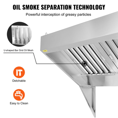 VEVOR Commercial Exhaust Hood, 4FT Food Truck Hood Exhaust, 201 Stainless Steel Concession Trailer Hood με 2 αποσπώμενο πλέγμα φίλτρου λαδιού σχήματος U, κουκούλα εξαερισμού ανθεκτικό στη σκουριά για εστιατόριο κουζίνας