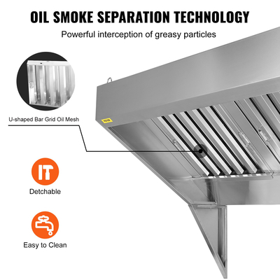 VEVOR Commercial Exhaust Hood, 5FT Food Truck Hood Exhaust, 201 Stainless Steel Concession Hood με 2 αποσπώμενο πλέγμα φίλτρου λαδιού σχήματος U, κουκούλα εξαερισμού ανθεκτικό στη σκουριά για εστιατόριο κουζίνας