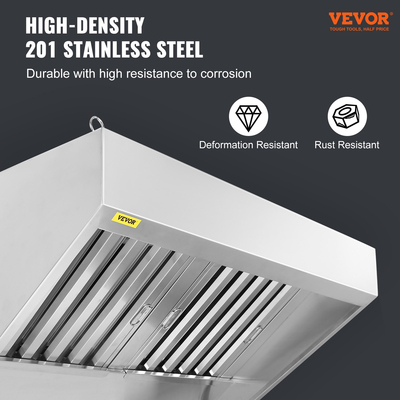 VEVOR Commercial Exhaust Hood, 5FT Food Truck Hood Exhaust, 201 Stainless Steel Concession Hood με 2 αποσπώμενο πλέγμα φίλτρου λαδιού σχήματος U, κουκούλα εξαερισμού ανθεκτικό στη σκουριά για εστιατόριο κουζίνας