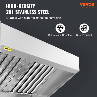 VEVOR Commercial Exhaust Hood, 9FT Food Truck Hood Exhaust, 201 Stainless Steel Concession Hood με 4 αποσπώμενο πλέγμα φίλτρου λαδιού σχήματος U, κουκούλα εξαερισμού ανθεκτικό στη σκουριά για εστιατόριο κουζίνας