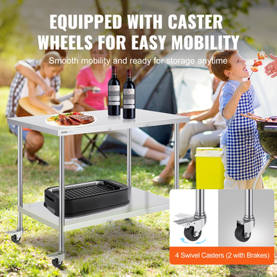 VEVOR Τραπέζι εργασίας από ανοξείδωτο ατσάλι Εμπορικό τραπέζι προετοιμασίας 30x48 ιντσών με 4 τροχούς