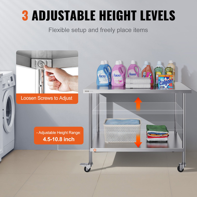 VEVOR Τραπέζι εργασίας από ανοξείδωτο ατσάλι Εμπορικό τραπέζι προετοιμασίας 30x48 ιντσών με 4 τροχούς