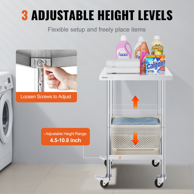 VEVOR Τραπέζι εργασίας από ανοξείδωτο ατσάλι Εμπορικό τραπέζι προετοιμασίας 24x24 ιντσών με 4 τροχούς