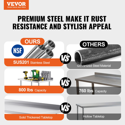 VEVOR Τραπέζι εργασίας από ανοξείδωτο ατσάλι Εμπορικό τραπέζι προετοιμασίας φαγητού 24&quot;x48&quot; με τροχούς