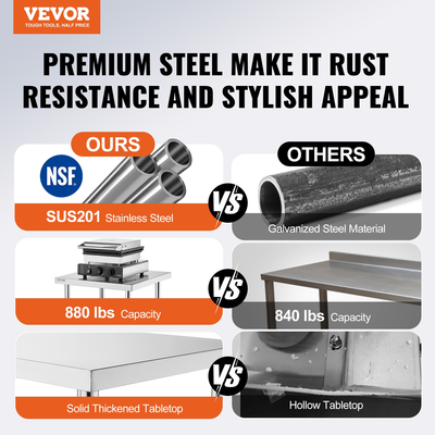 VEVOR Τραπέζι προετοιμασίας από ανοξείδωτο ατσάλι Εμπορικό τραπέζι εργασίας Food Prep 30x48x34in