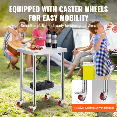 VEVOR Τραπέζι εργασίας Catering από ανοξείδωτο ατσάλι 24x18 ιντσών Επαγγελματικό τραπέζι κουζίνας με 4 ρόδες Commercial Food Prep Πάγκος εργασίας με εύκαμπτο ράφι προσαρμογής για τραπέζι προετοιμασίας κουζίνας