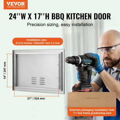 VEVOR BBQ Access Door, 610x432 mm Μονή εξωτερική πόρτα κουζίνας, από ανοξείδωτο ατσάλι, χωνευτή πόρτα, τοίχος κάθετη πόρτα με λαβή και αεραγωγούς, για BBQ Island, Ψητοπωλείο, Εξωτερικό ντουλάπι