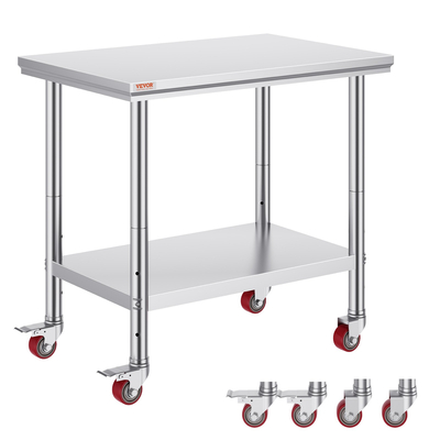 VEVOR Τραπέζι εργασίας Catering από ανοξείδωτο ατσάλι 36x24 ιντσών Επαγγελματικό τραπέζι εργασίας με 4 ρόδες Commercial Food Prep Πάγκος εργασίας με ευέλικτο ράφι προσαρμογής για τραπέζι προετοιμασίας κουζίνας