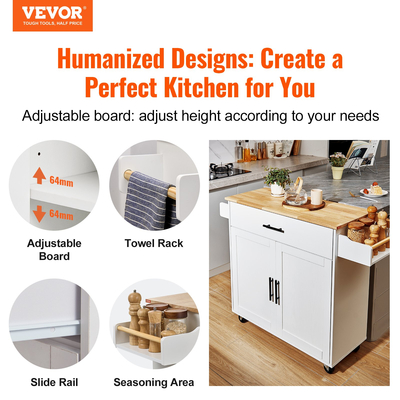 VEVOR Kitchen Island Cart με μασίφ ξύλινο επάνω μέρος, 35,4&quot; πλάτους κινητά καρότσια με ντουλάπι αποθήκευσης, κυλιόμενο τραπέζι κουζίνας με σχάρα μπαχαρικών, σχάρα για πετσέτες, φύλλο και συρτάρι, φορητά νησιά σε ρόδες, λευκό