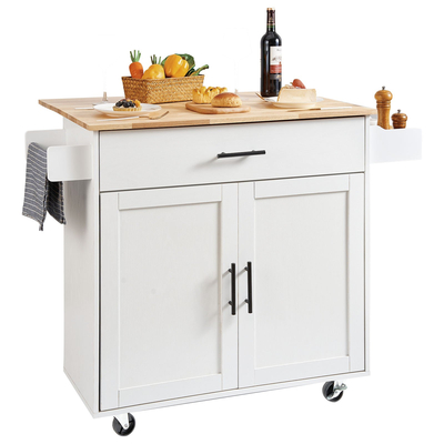 VEVOR Kitchen Island Cart με μασίφ ξύλινο επάνω μέρος, 35,4&quot; πλάτους κινητά καρότσια με ντουλάπι αποθήκευσης, κυλιόμενο τραπέζι κουζίνας με σχάρα μπαχαρικών, σχάρα για πετσέτες, φύλλο και συρτάρι, φορητά νησιά σε ρόδες, λευκό