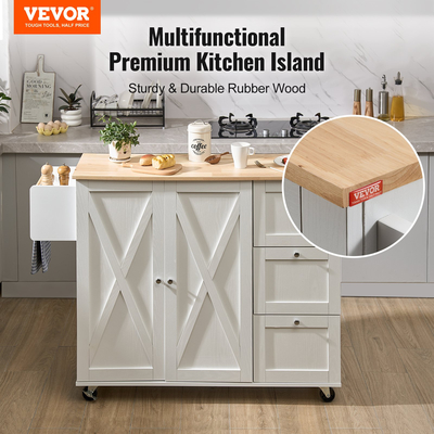 VEVOR Kitchen Island Cart με μασίφ ξύλινη κορυφή, 45,3&quot; πλάτος κινητά καρότσια με ντουλάπι αποθήκευσης, κυλιόμενο τραπέζι κουζίνας με σχάρα μπαχαρικών, σχάρα για πετσέτες, φύλλο και συρτάρι, φορητά νησιά σε ρόδες, λευκό