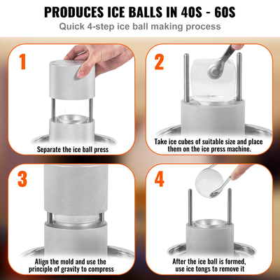 VEVOR Ice Ball Press Kit, Aircraft Aloy Ice Press with Ice Block Ford, Large Mat, Tong, Drip Tray, One Glass, Στρογγυλό Ice Ball Maker 2,4&quot;/60 mm Ice Sphere, για ουίσκι, κοκτέιλ για πάρτι και διακοπές