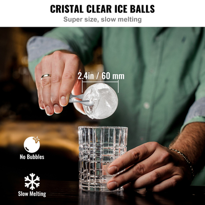 VEVOR Ice Ball Maker, Crystal Clear Ice Ball Maker 2,36 ιντσών Ice Sphere Maker με Storage Bag και Ice Clamp, Round Clear Ice Cube 2-Cavity Ice Presser for Whisky Scotch Cocktail Brandy