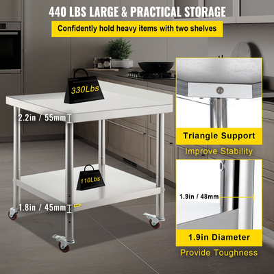 Τραπέζι προετοιμασίας από ανοξείδωτο ατσάλι VEVOR, 24 x 15 x 35 ιντσών, Μεταλλικό τραπέζι εργασίας βαρέως τύπου, χωρητικότητας 440 λίβρες με ρυθμιζόμενο κάτω ράφι και 4 τροχίσκοι, Εμπορική θέση εργασίας για εστιατόριο κουζίνας