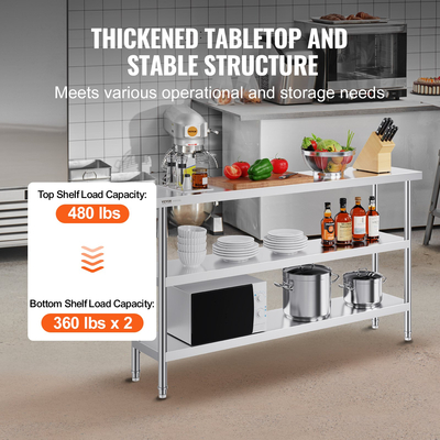 VEVOR Ανοξείδωτο ατσάλι Τραπέζι Προετοιμασίας Τροφίμων Επαγγελματικό τραπέζι εργασίας κουζίνας 14&quot;x60