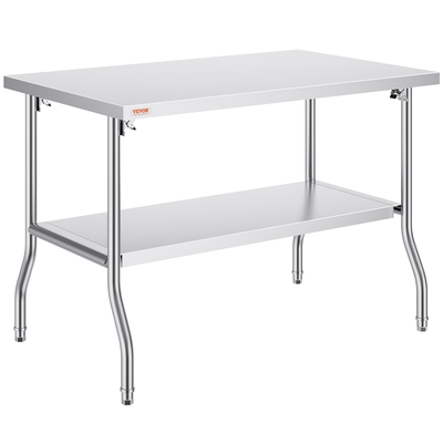 VEVOR Commercial τραπέζι εργασίας Σταθμός εργασίας 48x30 ιντσών Πτυσσόμενο Εμπορικό τραπέζι προετοιμασίας, διπλό ράφι από ανοξείδωτο ατσάλι πτυσσόμενο τραπέζι, τραπέζι εργασίας κουζίνας με φορτίο 772 λίβρες Silver Inox Steel Kitchen Island