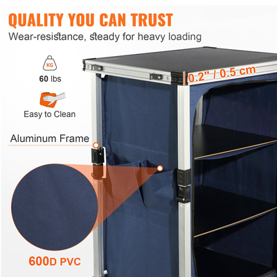 Τραπέζι κουζίνας κάμπινγκ VEVOR, Ελαφρύ φορητό πτυσσόμενο υπαίθριο ντουλάπι αποθήκευσης μαγειρέματος με ράφια 3 επιπέδων, πλαϊνές τσέπες και τσάντα μεταφοράς, εύκολη ρύθμιση για πικνίκ, μπάρμπεκιου, ταξίδια με RV