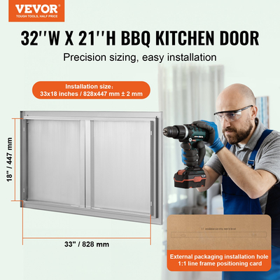 VEVOR BBQ Access Door, 914x534 mm Διπλή Πόρτα Εξωτερικής Κουζίνας, Πόρτα από ανοξείδωτο ατσάλι Flush Mount, Επιτοίχια Κάθετη Πόρτα με Χειρολαβές, για BBQ Island, Ψητοπωλείο, Εξωτερικό ντουλάπι