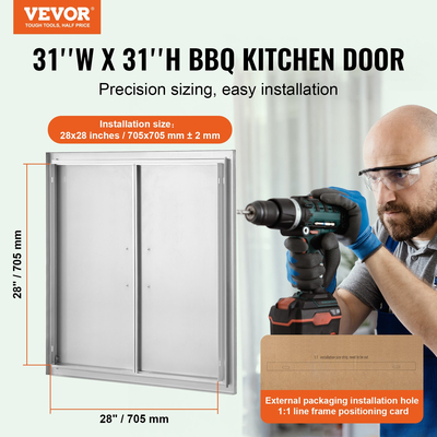 VEVOR BBQ Access Door, 790x790 mm Διπλή Πόρτα Εξωτερικής Κουζίνας, Πόρτα από ανοξείδωτο ατσάλι Flush Mount, Επιτοίχια Κατακόρυφη Πόρτα με χερούλια, για BBQ Island, Ψητοπωλείο, Εξωτερικό ντουλάπι