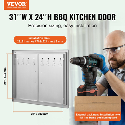 VEVOR BBQ Access Door, 787x609 mm Διπλή Πόρτα Εξωτερικής Κουζίνας, Πόρτα από ανοξείδωτο ατσάλι Flush Mount, Διπλό τοίχωμα Κάθετη Πόρτα με χερούλια και γάντζους, για BBQ Island, Ψητοπωλείο, Εξωτερικό ντουλάπι