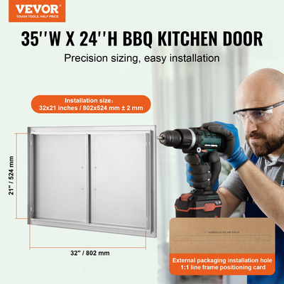 VEVOR BBQ Access Door, 889x610 mm Διπλή Πόρτα Εξωτερικής Κουζίνας, Πόρτα από ανοξείδωτο ατσάλι Flush Mount, Επιτοίχια Κάθετη Πόρτα με χερούλια, για BBQ Island, Ψητοπωλείο, Εξωτερικό ντουλάπι
