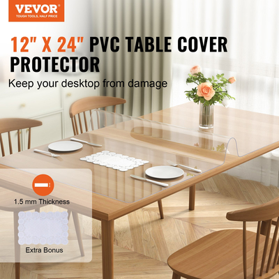 VEVOR Clear Protector Cover Table, 12&quot; x 24&quot;/306 x 614 mm Κάλυμμα τραπεζιού, Πλαστικό τραπεζομάντιλο PVC πάχους 1,5 mm, Αδιάβροχο προστατευτικό επιφάνειας εργασίας για γραφείο, τραπεζάκι σαλονιού, τραπέζι τραπεζαρίας