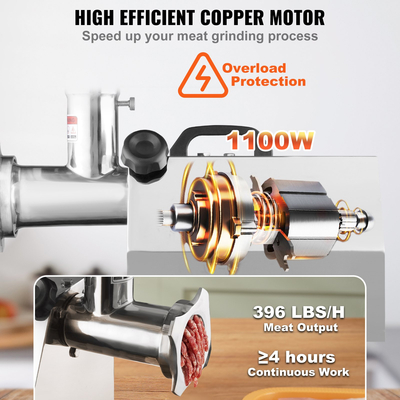 VEVOR Ηλεκτρικός Μύλος Κρέατος, χωρητικότητας 794 Lb/H, 1100W (6000W MAX) Βιομηχανική μηχανή κιμά με 2 λεπίδες, 3 πλάκες λείανσης, Sausagemaker &amp; Kubbe Kit 304 Stainless Steel Commercial Meat Grinder, ETL Lis