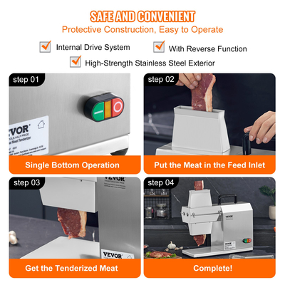 VEVOR Εμπορικός τρυφερός κρέατος, Εργαλείο κουζίνας από ανοξείδωτο ατσάλι βαρέως τύπου με λαβή, λαβίδα κρέατος και βούρτσα καθαρισμού, Ηλεκτρική μηχανή τρυφερότητας κρέατος 450 W για βόειο κρέας, γαλοπούλα, κοτόπουλο, χοιρινό και ψάρι
