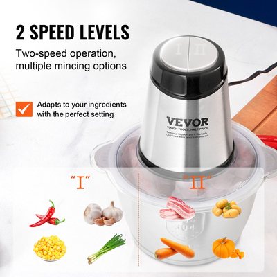VEVOR Electric Food Chopper Processor 8 Cup Μπολ από ανοξείδωτο ατσάλι Μηχανή κρέατος