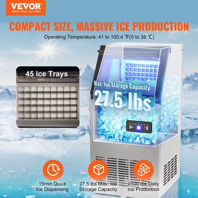 VEVOR Commercial Ice Maker Ανεξάρτητη Μηχανή Ντουλάπας 100lbs/24H 45 Ice Cubes