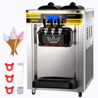 Εμπορική παγωτομηχανή VEVOR, απόδοση 22-30L/H, Μηχάνημα σερβιρίσματος πάγκου 2350W με χοάνη 2x6L Κυλίνδρου LCD πάνελ 2L Συναγερμός έλλειψης φουσκώματος, Frozen Yogurt Maker για σνακ μπαρ εστιατορίου, ασημί