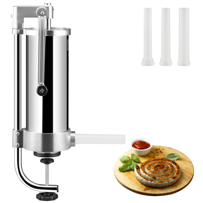 Λουκάνικο VEVOR, Χωρητικότητα 5LBS/3L, Κατακόρυφο λουκάνικο 304 από ανοξείδωτο ατσάλι, Μηχάνημα πλήρωσης λουκάνικων με 3 σωλήνες γέμισης, βάση αναρρόφησης και χειροκίνητη μανιβέλα για οικιακή ή εμπορική χρήση